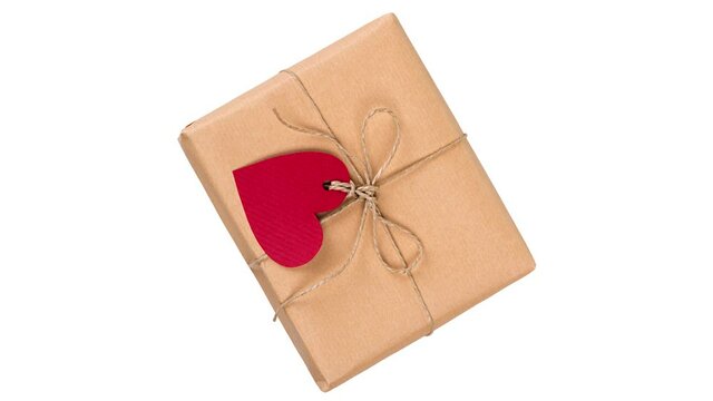 Slowly rotating gift box with blank heart-shaped labels isolated on white
