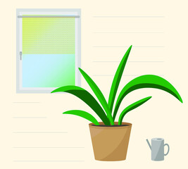 View from the window to the street. Window with curtain, indoor flower in a pot, watering can. Home interior. Vector.