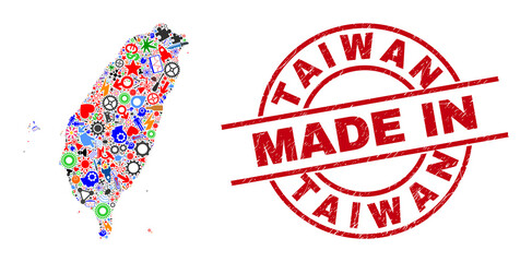 Component Taiwan map mosaic and MADE IN grunge rubber stamp. Taiwan map composition created from wrenches, wheels, screwdrivers, elements, vehicles, electricity bolts, details.