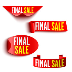 Set of red sale banners on white background. Ribbons and stickers. Paper scrolls. Vector illustration.
