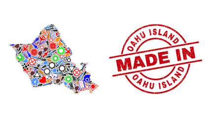 Obraz premium Service mosaic Oahu Island map and MADE IN grunge stamp. Oahu Island map mosaic formed with spanners, gear wheels, screwdrivers, components, vehicles, power sparks, rockets.