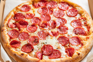 pizza salami pepperoni cheese fast food portion on the table cooking meal snack outdoor top view copy space for text food background rustic image