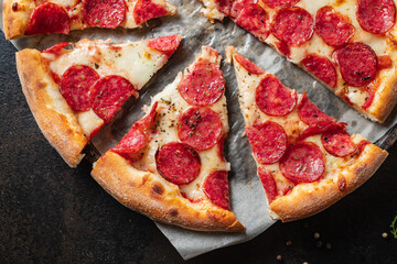 pizza salami pepperoni cheese fast food portion on the table cooking meal snack outdoor top view copy space for text food background rustic image