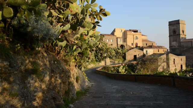 the mother church of Savoca in Sicily, a tourist destination in the Province of Messina in a late winter evening with warm sunset 