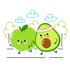 Cute funny apple and avocado run. Vector flat line cartoon kawaii character illustration icon. Isolated on white background. Apple fruit, avocado workout character concept