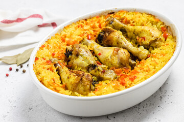 Curry chicken rice bake. Space for text.
