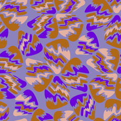 Fototapeta na wymiar Seamless pattern with abstract geometric oval triangular blade shapes in purple and orange colors