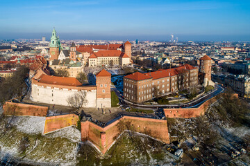 Royal Wawel Cathedral and castle in Krakow, Poland. Aerial view in sunset light in winter with a...