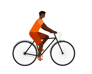 Obraz premium African american rider on bike. Man in bicycle flat vector character