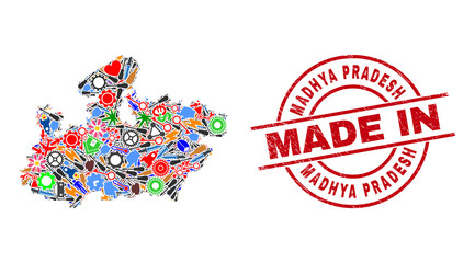 Engineering Madhya Pradesh State map mosaic and MADE IN scratched stamp seal. Madhya Pradesh State map collage created with wrenches, gearwheels, instruments, elements, transports, power sparks,