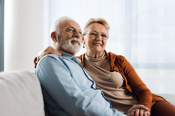 Happy mature couple relaxing together on a sofa at home