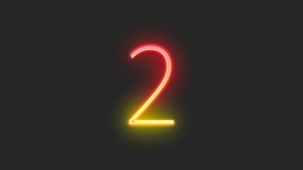 Realistic red and yellow neon number 2, on a black background