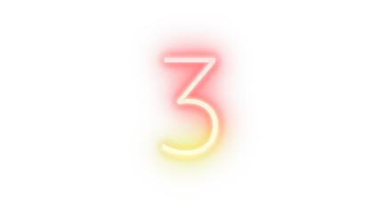 Realistic red and yellow neon number 3, on a white background