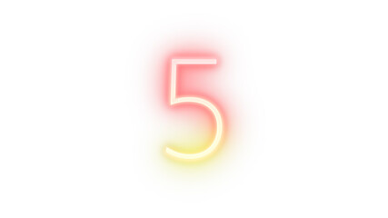 Realistic red and yellow neon number 5, on a white background