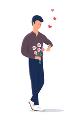 A young handsome man with flowers is waiting for his girlfriend. Looks at his watch. Vector isolated cartoon illustration