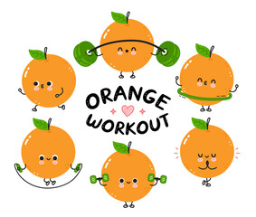 Cute funny orange make gym set collection. Vector flat line cartoon kawaii character illustration icon. Isolated on white background. Orange fruit workout character bundle concept