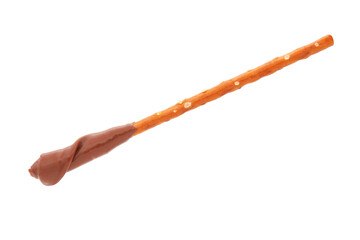Pretzel sticks dipped in chocolate cream isolated on white
