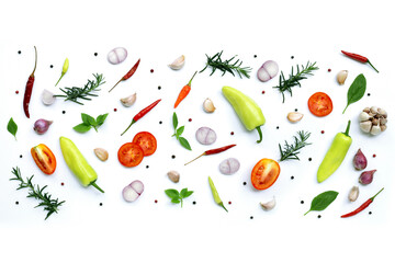 Cooking ingredients, Various fresh vegetables and herbs on white background.