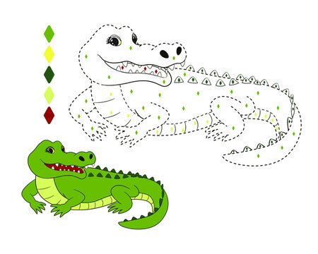 green crocodile coloring book by numbers, by color for kids. vector illustration in cartoon style, isolated line art, dotted line