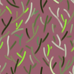 Seamless pattern of abstract green plants on a dark background for textile.