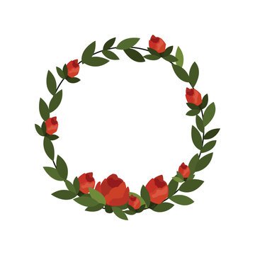 Holiday wreath with leaves and flowers of roses, Vector Illustration in flat style. Isolated on