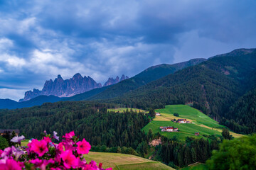 The Odle mountain peaks in the Dolomites in Italy..The Villnößtal with a view of the Geisler.