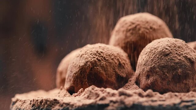 Cocoa powder falling on luxury homemade truffle candies, slow motion of falling chocolate powder on praline bonbon	
