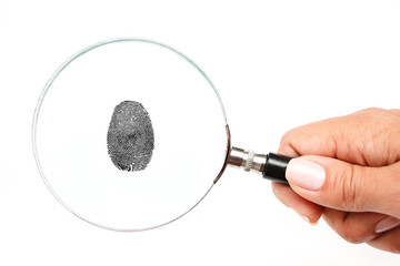 Magnifying glass in hand and fingerprint isolated on white background