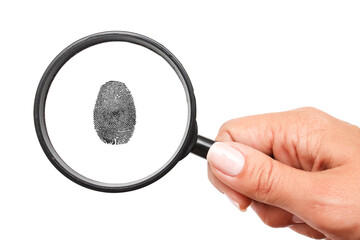 Magnifying glass in hand and fingerprint isolated on white background