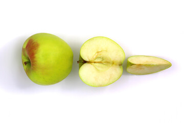 Green apple isolate. Apples on white background. Whole, half, slice green apple set with clipping path.