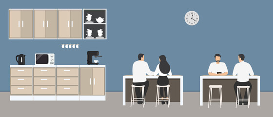 Office kitchen. Dining room in the office. Employees are sitting at the table. Coffee break. There are kitchen cabinets, a microwave, a kettle and a coffee machine in the image. Vector illustration