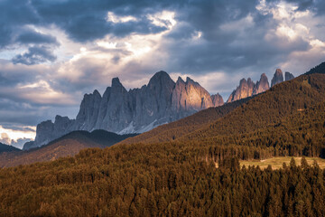 Panoramic view of the Dolomites, Italy. Odle mountain peaks.