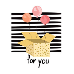 surprise box with helium balloons cartoon illustration, hand lettering for you, birthday gift