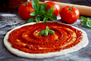 Raw pizza dough with tomato sauce and basil leaves. Selective focus