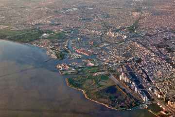 Landing path to Ezeiza EZE Buenos Aires International Airport. Reserva Ecologica, Puerto Madero and...
