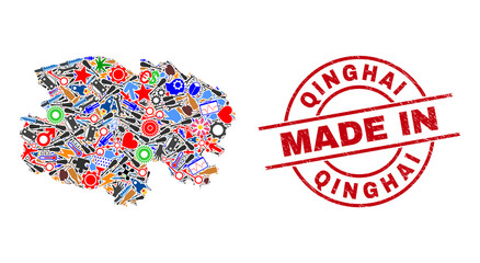 Service mosaic Qinghai Province map and MADE IN scratched stamp seal. Qinghai Province map mosaic created with spanners, cogs, instruments,, keys, transports, electricity bolts, helmets.