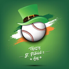 Happy St. Patricks day. Baseball ball in leprechaun hat the background of the Irish flag. Pattern for greeting card, logo, banner, poster, party invitation. Vector illustration