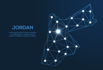 Jordan communication network map. Vector low poly image of a global map with lights in the form of cities. Map in the form of a constellation, mute and stars