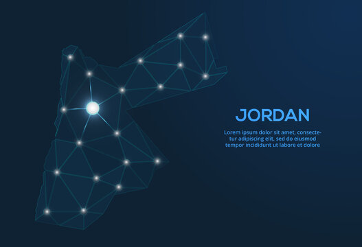 Jordan communication network map. Vector low poly image of a global map with lights in the form of cities. Map in the form of a constellation, mute and stars