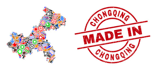 Industrial Chongqing City map mosaic and MADE IN scratched rubber stamp. Chongqing City map mosaic composed with spanners, wheels, tools, aircrafts, transports, electricity bolts, helmets.