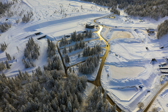 Aerial view of Ski Jump in Planica, Slovenia at Ratece near Kranjska gora in winter with snow.