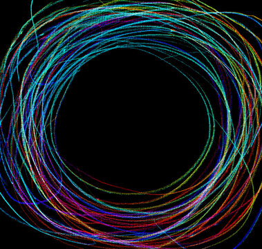Abstract background with colorful multi-colored pencil lines in a circle, with an empty space for text on a black background, the Central composition of a pink-turquoise pencil Doodle
