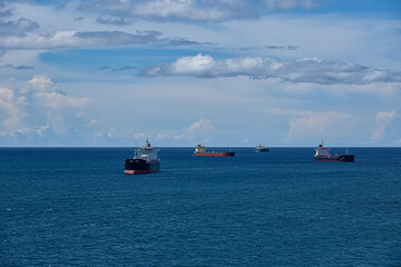 Seascape panorama view with anchored ships.