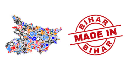 Technical mosaic Bihar State map and MADE IN grunge stamp seal. Bihar State map collage designed with spanners, cogs, tools, elements, vehicles, electricity strikes, rockets.