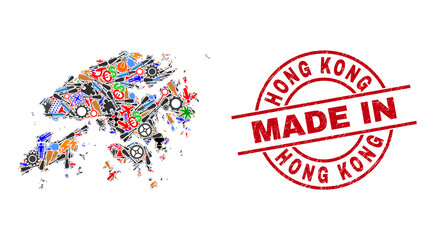 Service Hong Kong map mosaic and MADE IN grunge stamp. Hong Kong map composition created with spanners, gearwheels, tools, air planes, vehicles, electricity bolts, details.