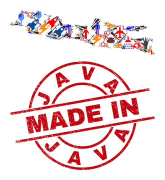 Service Java Island map mosaic and MADE IN scratched rubber stamp. Java Island map mosaic designed from wrenches, gear wheels, screwdrivers, air planes, cars, electricity strikes, rockets.