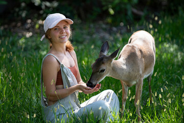 Woman feed deer. Wild animals concept. Woman feeding fawn. Animal at park.