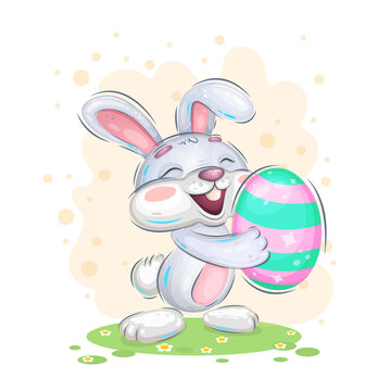 Illustration of an Easter bunny standing in a flower meadow with an Easter egg in its paws. Positive and unique design. Children's bright illustration. Use the product to print on clothing, accessorie