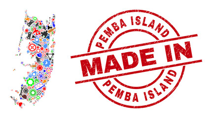 Education Pemba island map mosaic and MADE IN textured rubber stamp. Pemba island map mosaic formed from wrenches, cogs, screwdrivers, components, transports, electricity strikes, rockets.