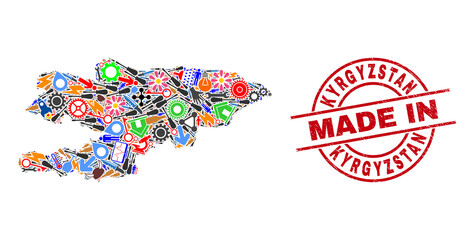 Component mosaic Kyrgyzstan map and MADE IN scratched seal. Kyrgyzstan map mosaic created with spanners, wheels, instruments, items, vehicles, power bolts, helmets.